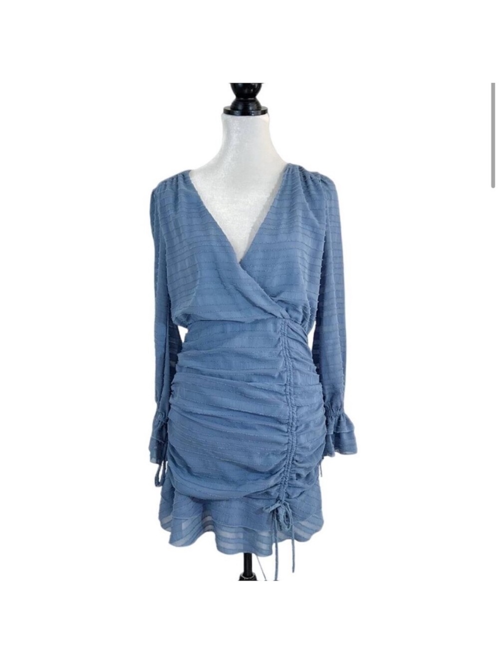 STYLE RACK Summer Sky Dusty Blue V-Neck Ruched Long-Sleeve Mini Dress - Picture 3 of 8